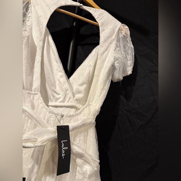 Lulus XSMALL Romantic Prose White Lace Puff Sleeve Midi Skater Dress - Picture 7 of 9